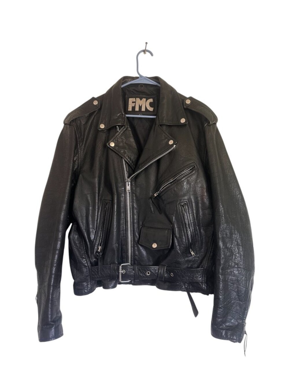 70s Vintage FMC Leather Biker Moto Jacket Men 46 XL Black Belted Grunge Rockstar